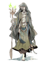 1boy bad_feet barefoot braid cloak full_body grey_hair hair_ornament hair_over_one_eye highres holding holding_staff hood male_focus original skinny solo staff towa-darkmistic walking white_background yellow_eyes