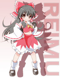 Rule 34 | 1girl, ascot, black shoes, bow, brown eyes, brown hair, character name, commentary request, detached sleeves, frilled bow, frilled hair tubes, frilled skirt, frills, full body, hair bow, hair tubes, hakurei reimu, hands on own hips, highres, long hair, mary janes, midriff peek, navel, red bow, red skirt, ribbon-trimmed sleeves, ribbon trim, shoes, skirt, skirt set, socks, solo, touhou, two-tone skirt, very long hair, white skirt, white socks, yellow ascot, yoppi98ro