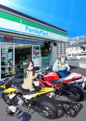2girls artist_collaboration bad_id bad_pixiv_id bag black_eyes black_hair brown_hair coca-cola convenience_store ducati ducati_1098 ducati_1098r familymart food glasses helmet highres ice_cream kikukawa_norihiko long_hair motor_vehicle motorcycle mouth_hold multiple_girls original pantyhose pixiv plastic_bag popsicle retsumaru school_uniform serafuku shop short_hair skirt sweater vehicle yamaha yamaha_wr250