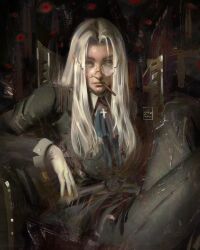 1girl alucard_(hellsing) arm_rest artist_name ascot blonde_hair blue_ascot cigarette commentary cross curtained_hair dark-skinned_female dark_skin disembodied_eye english_commentary expressionless extra_eyes glasses gloves green_jacket hellsing highres integra_hellsing jacket long_hair long_sleeves looking_to_the_side painterly parted_bangs red_eyes round_eyewear sebijy sitting smoking white_gloves