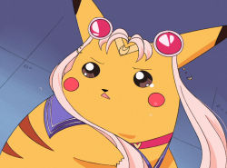 1other bishoujo_senshi_sailor_moon brown_eyes choker commentary cosplay creatures_(company) derivative_work diadem flabebabe game_freak gen_1_pokemon looking_to_the_side meme nintendo parody parted_lips pikachu platinum_blonde_hair pokemon red_choker sailor_moon_redraw_challenge_(meme) screenshot_redraw solo sweatdrop tsukino_usagi tsukino_usagi_(cosplay) twintails v-shaped_eyebrows what