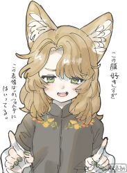 1girl :d animal_ear_fluff animal_ears artist_name black_shirt blush brown_hair cat_ears fang fangs fingernails floral_print fox_ears green_eyes green_nails half-closed_eyes hands_up highres index_finger_raised index_fingers_raised jacket long_hair long_sleeves looking_at_viewer marycia_(vrchat) medium_hair nail_polish open_mouth parted_bangs pointing shirt simple_background sketch smile solo straight-on teeth upper_body upper_teeth_only vrchat white_background zuttonem