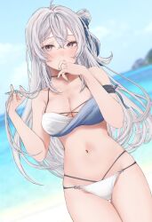 1girl akechi_mitsuki armband bikini blue_bikini blue_nails blue_ribbon blue_sky breasts cleavage commission cowboy_shot crossed_bangs day dutch_angle grey_eyes grey_hair hair_ribbon hair_rings hand_to_own_mouth highres holding holding_own_hair horizon jibika_(jbk_sb) large_breasts light_blush long_hair looking_at_viewer multi-strapped_bikini_bottom multicolored_bikini navel ocean outdoors ribbon shore single_hair_ring skeb_commission sky solo stomach swimsuit thigh_gap two-tone_bikini unifee virtual_youtuber white_bikini