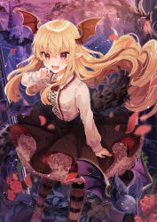 1girl :d bat_(animal) black_boots black_skirt blonde_hair blurry boots breasts building castle cloud collared_shirt commentary_request creature fang feathers female_focus floating_hair flower frilled_shirt frilled_skirt frills hair_between_eyes hand_up head_wings highres ikeuchi_tanuma long_hair long_sleeves looking_at_viewer open_mouth outdoors petals pointy_ears red_eyes red_flower rose shingeki_no_bahamut shirt sidelocks skirt small_breasts smile solo thigh_boots thighhighs v-shaped_eyebrows vampy very_long_hair white_shirt wings
