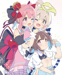 3girls ;d ahoge animal_ear_fluff animal_ears bare_arms blue_hair blunt_bangs brown_eyes brown_hair cafe_(owleelcafe) cat_ears cat_tail choker colored_inner_hair commentary crown dress english_commentary frilled_choker frilled_hairband frills grey_hair hair_between_eyes hairband hand_on_another&#039;s_head heart highres holding_hands hozuki_kaede hozuki_momiji hug hug_from_behind hugging_own_legs lolita_hairband long_hair mini_crown multicolored_hair multiple_girls official_alternate_costume one_eye_closed onii-chan_wa_oshimai! open_mouth oyama_mahiro pink_dress pink_hair ponytail puffy_short_sleeves puffy_sleeves red_eyes short_hair short_ponytail short_sleeves siblings simple_background sisters smile striped_tail tail tilted_headwear two-tone_hair wrist_cuffs