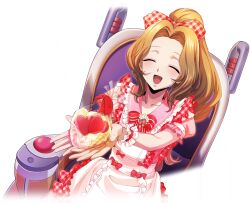 Rule 34 | 1girl, ^ ^, apron, arms up, artist request, bag, blush, bow, bowtie, brown hair, candy, chair, chocolate, chocolate heart, closed eyes, code geass, code geass: lost stories, collarbone, cupping hands, dutch angle, facing viewer, female focus, flat chest, flower, food, forehead, frilled apron, frilled wristband, frills, fruit, game cg, hair bow, hair intakes, happy, heart, high ponytail, holding, holding food, light blush, long hair, maid apron, non-web source, nunnally vi britannia, official art, on chair, open mouth, outstretched arms, own hands together, pink shirt, plaid bow, plastic bag, ponytail, powered wheelchair, puffy short sleeves, puffy sleeves, red bow, red bowtie, shirt, short sleeves, sitting, smile, solo, strawberry, valentine, wheelchair, white apron, white flower