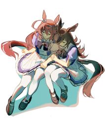 Rule 34 | 2girls, ahoge, animal ears, blue flower, blue rose, bow, bowtie, breasts, brown hair, closed eyes, closed mouth, ear bow, ear ornament, flower, hair between eyes, hair ornament, hair over one eye, hat, hat flower, highres, horse ears, horse girl, horse tail, long hair, mihono bourbon (umamusume), multiple girls, pleated skirt, puffy short sleeves, puffy sleeves, purple bow, purple bowtie, purple serafuku, purple shirt, purple skirt, rice shower (umamusume), rose, sailor collar, sailor shirt, school uniform, serafuku, shadow, shirt, shoes, short sleeves, simple background, sitting, skirt, smile, tail, thighhighs, tracen school uniform, umamusume, white background, white sailor collar, white skirt, white thighhighs, ylceon, yuri