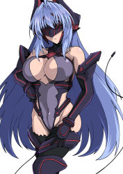 1girl absurdres android aoi_tabane bare_shoulders blue_hair breasts cable cable_tail cleavage commission covered_navel elbow_gloves gloves hand_on_own_hip highres kos-mos kouyoku_senki_exs-tia large_breasts leotard long_hair mechanical_tail pixiv_commission simple_background solo tail thighhighs variant_set very_long_hair white_background xenosaga