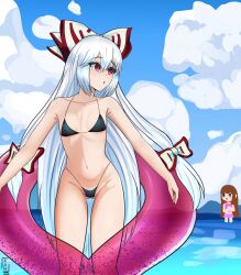 2girls absurdres beach bikini breasts flat_chest fujiwara_no_mokou hair_ornament hair_ribbon highres long_hair micro_bikini multiple_girls ran_sk red_eyes ribbon sky small_breasts swimsuit touhou white_hair