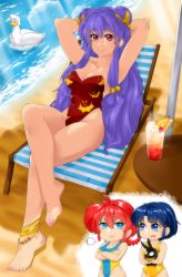2boys 3girls absurdres animal beach bird blue_eyes braid chair crossed_arms duck genderswap genderswap_(mtf) glass hibiki_ryouga highres holding long_hair lounge_chair mousse_(ranma_1/2) multiple_boys multiple_girls omiiverse p-chan pig purple_hair ranma-chan ranma_1/2 red_hair saotome_ranma shampoo_(ranma_1/2) single_braid swimsuit tendou_akane
