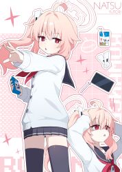 1girl absurdres ahoge arms_up black_sailor_collar black_skirt black_thighhighs blue_archive blush cardigan cellphone character_name chestnut_mouth cowboy_shot dot_nose drinking_straw hagoonha hair_ornament half-closed_eyes halo hand_up hands_on_own_head highres loli long_hair long_sleeves looking_at_viewer milk_carton miniskirt multiple_views natsu_(blue_archive) neckerchief open_mouth outstretched_arm panties panties_peek phone pink_background pink_hair pink_halo pleated_skirt red_eyes red_neckerchief sailor_collar shaded_face side_ponytail skirt smartphone sparkle tearing_up thighhighs thighs triangle_mouth underwear upper_body white_cardigan white_panties zettai_ryouiki