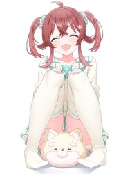 1girl ^_^ ahoge blush closed_eyes collarbone crossed_bangs cushion flower hair_flower hair_ornament hands_on_own_knees idolmaster idolmaster_shiny_colors komiya_kaho plaid_clothes plaid_skirt red_hair shirasato_(phzm8733) shirt simple_background sitting skirt smile solo thighhighs twintails white_background white_shirt white_thighhighs