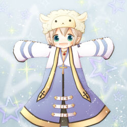 1boy arch_bishop_(ragnarok_online) blue_background blue_coat blush coat cowboy_shot cropped_jacket cross cross_necklace green_eyes grey_hair jacket jewelry long_sleeves looking_at_viewer male_focus necklace open_mouth pointy_ears ragnarok_online ren_(totoki) sheep_hat short_hair sleeves_past_fingers sleeves_past_wrists smile solo star_(symbol) white_jacket
