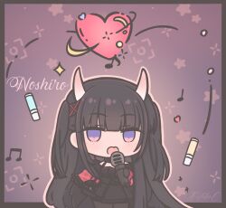 Rule 34 | 1girl, artist name, azur lane, black dress, black gauntlets, black hair, black pantyhose, breasts, character name, chibi, chibi only, commentary, dress, futaba (anti clockwise), heart, horns, idol, idol clothes, long hair, medium breasts, noshiro (azur lane), noshiro (muse) (azur lane), official alternate costume, open mouth, pantyhose, solo, symbol-only commentary, very long hair