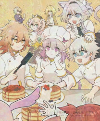 Rule 34 | + +, 3boys, 5girls, aglaea (honkai: star rail), anaxa (honkai: star rail), animal ear fluff, animal ears, aqua eyes, aqua hair, black skirt, blonde hair, blue eyes, castorice (chrysos chef) (honkai: star rail), castorice (honkai: star rail), cat ears, cat girl, cat tail, champagne flute, chef hat, chrysos heirs (honkai: star rail), cipher (honkai: star rail), commentary request, cup, drill hair, drinking glass, elf, food, green hair, grey hair, hat, holding, holding cup, holding spatula, honkai: star rail, honkai (series), hyacine (honkai: star rail), mem (honkai: star rail), miwawa, multicolored hair, multiple boys, multiple girls, mydei (chrysos chef) (honkai: star rail), mydei (honkai: star rail), pancake, pancake stack, phainon (chrysos chef) (honkai: star rail), phainon (honkai: star rail), pink hair, pointy ears, purple eyes, purple hair, red hair, shirt, short hair, short hair with long locks, skirt, spatula, tail, tribbie (honkai: star rail), twin drills, twintails, two-tone hair, white hair, white shirt
