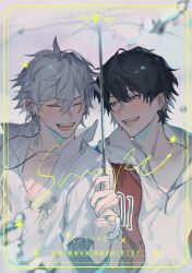 2boys absurdres aohitsugi_samatoki black_hair blush border closed_eyes collarbone ear_piercing earphones earrings english_text fang fangs green_eyes hair_between_eyes heterochromia highres holding holding_umbrella hood hood_down hoodie hypnosis_mic jacket jewelry looking_at_another male_focus mole mole_under_eye multiple_boys necklace open_clothes open_jacket open_mouth piercing red_eyes red_jacket ring sample_watermark shared_umbrella shirt short_hair shuiyiyaogong smile star_(symbol) teeth umbrella upper_body watermark white_hair white_hoodie white_shirt yamada_ichiro yaoi