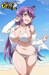 1girl ahoge beach bikini blush breasts cleavage curvy fujiyama_shinobu highres large_breasts long_hair mahou_shoujo_201 mucha_(muchakai) ocean official_art open_clothes open_shirt outdoors purple_hair red_eyes shirt side-tie_bikini_bottom sideboob sidelocks sky swimsuit thick_thighs thighs underboob water white_bikini white_shirt wide_hips