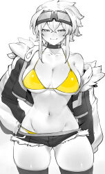 1girl :3 absurdres arm_at_side bikini bikini_under_shorts blush breasts choker cleavage closed_mouth cowboy_shot cropped_jacket crossed_bangs cutoffs double-parted_bangs fur-trimmed_jacket fur_trim gluteal_fold goggles goggles_on_head greyscale hair_between_eyes half-closed_eyes hand_on_own_hip highres jacket large_breasts long_sleeves looking_at_viewer micro_shorts monochrome navel niwamaru_(niwarhythm) niwarhythm open_clothes open_jacket original puffy_long_sleeves puffy_sleeves shorts simple_background single_bare_shoulder smile solo spot_color standing swimsuit thighhighs underboob yellow_bikini