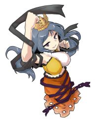 1girl arm_up black_ribbon blue_hair breasts chirizuka_ubame clenched_hand crown dairi double-parted_bangs dress fossilized_wonders frilled_skirt frills from_above full_body grin headpiece long_hair midriff_peek multicolored_dress nipples open_mouth orange_skirt outstretched_arm purple_eyes purple_ribbon ribbon skirt smile smirk solo sparkling_eyes surprised tachi-e touhou