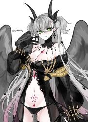 1girl black_panties breasts commentary demon_girl demon_horns demon_wings english_commentary fate/grand_order fate_(series) green_eyes grey_hair grey_wings highres horns large_breasts lilith_(fate) lilith_(third_ascension)_(fate) long_hair panties sitting skeletal_hand snake solo underwear wings xixing_chun