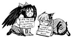 2girls :c all_fours animal_ears bow braid cat_ears cat_girl english_text female_focus frown greyscale hair_bow kaenbyou_rin meme monochrome multiple_girls multiple_tails pet_shaming reiuji_utsuho shoes sign supahbeefcakes tail touhou twin_braids wings