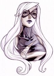 1girl black_eyes black_lips breasts carol_danvers commentary cropped_torso domino_mask kasia_nie large_breasts limited_palette marvel mask ms._marvel sleeveless sleeveless_turtleneck solo third-party_source turtleneck upper_body white_hair