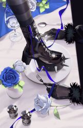 2girls absurdres black_boots black_gloves black_thighhighs blue_flower blue_rose boots cup drinking_glass flower fork fur-trimmed_sleeves fur_trim gloves highres holding holding_fork holding_knife hololive hololive_english knife massiveyog multiple_girls nerissa_ravencroft nerissa_ravencroft_(1st_costume) plate rose shiori_novella shiori_novella_(1st_costume) spiked_boots spoon striped_clothes striped_thighhighs table thighhighs virtual_youtuber white_flower white_rose wine_glass