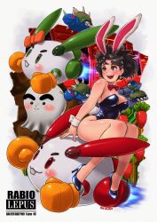 1girl animal_ear_hairband animal_ears artist_name bare_shoulders black_eyes black_hair black_leotard black_shoes blush bow bowtie breasts brown_eyes buck_teeth carrot cleavage commentary copyright_name detached_collar earrings fake_animal_ears fake_tail flying ghost gloves green_eyes hairband high_heels highres jewelry kainan kitashirakawa_kotomi large_breasts leotard lepus_(rabio_lepus) narrow_waist open_mouth orange_bow orange_gloves playboy_bunny rabbit_ears rabbit_tail rabio rabio_lepus red_bow red_eyes riding robot science_fiction shoes short_hair smile spikes strapless strapless_leotard tail teeth tenukie_chaudo thick_thighs thighs thrusters upper_teeth_only white_hairband wrist_cuffs