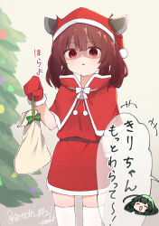 2girls bag brown_hair capelet christmas_tree commentary green_hair highres medium_hair mittens multiple_girls red_eyes santa_costume sechin shaded_face thighhighs touhoku_kiritan touhoku_zunko translated twintails voiceroid white_thighhighs