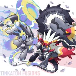 Rule 34 | albrt-wlson, alternate color, artist name, character name, claws, closed mouth, commentary, debris, english commentary, english text, fangs, fusion, highres, holding, holding weapon, koraidon, miraidon, nintendo, open mouth, pokemon, pokemon (creature), pokemon focus, robot, shiny pokemon, skin fangs, smile, tinkaton, weapon
