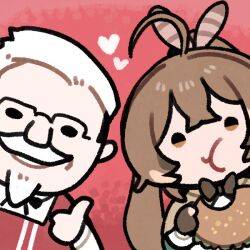 1boy 1girl :t ahoge apron bow bowtie brown_bow brown_bowtie brown_capelet brown_eyes brown_hair burger capelet chibi chibi_only clipe colonel_sanders commentary crossed_bangs eating english_commentary facial_hair feather_hair_ornament feathers food food_in_mouth goatee hair_ornament holding holding_burger holding_food hololive hololive_english kfc long_hair looking_at_viewer mustache nanashi_mumei nanashi_mumei_(1st_costume) red_apron red_background thumbs_up upper_body virtual_youtuber white_hair