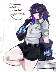 1boy absurdres belt candy english_text food gloves highres holding holding_candy holding_food jacket knees_up kurenaiz_(kuayrenaiz) licking lollipop looking_afar open_clothes open_jacket original purple_hair shirt shorts simple_background solo thighs trap white_shirt yu_(kuayrenaiz)