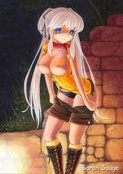 1girl boots breasts female_focus knee_boots lace-up_boots large_breasts mabinogi nao_(mabinogi) nipples no_bra panties sarah_sauge solo underwear undressing