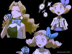 1girl :d black_background blonde_hair blue_bow blue_bowtie blue_eyes bow bowtie character_ear_piercing commentary dress earrings english_commentary gen_2_pokemon hair_bow holding holding_poke_ball jewelry long_hair mayotsunamayo molly_hale multiple_views nintendo one_eye_closed open_mouth poke_ball pokemon pokemon_(anime) pokemon_(classic_anime) pokemon_(creature) pokemon_3:_the_movie_-_spell_of_the_unown:_entei short_hair smile twintails twitter_username unown unown_e unown_i unown_t upper_body