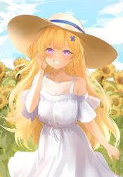 1girl absurdres alternate_costume bare_shoulders blonde_hair blue_sky blurry blurry_background blush breasts brown_hat collarbone commentary cowboy_shot day dress flower hand_up hat highres long_hair looking_at_viewer medium_breasts neimu_(neimuru) outdoors parted_lips phoebe_(wuthering_waves) purple_eyes sky smile solo sundress sunflower white_dress wuthering_waves