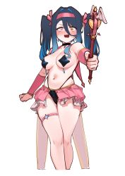 1girl absurdres alternate_costume arm_warmers bare_shoulders bikini bikini_bottom_only black_bikini black_choker blue_hair breasts choker commentary_request cropped_legs embarrassed gangzi_(vtuber) highleg highleg_bikini highres holding holding_wand korean_commentary long_hair looking_at_viewer medium_breasts miniskirt navel pasties pink_skirt sangobob showgirl_skirt skindentation skirt solo star_(symbol) star_pasties stellive stomach string_bikini swimsuit thigh_strap thighs twintails uneven_eyes v-shaped_eyebrows virtual_youtuber wand yellow_eyes