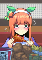 1girl animal_ears bags_under_eyes biscuit_(bread) blunt_bangs blurry blurry_background blush chicken_(food) chicken_leg commentary_request ear_covers eating flying_sweatdrops food food_on_face french_fries gold_ship_(umamusume) green_eyes grin hairband highres horse_ears horse_girl joyoekaki kfc kouno_marika&#039;s_silence_suzuka_drawing_(meme) long_hair looking_at_viewer meme orange_hair red_pupils silence_suzuka_(umamusume) smile solo umamusume upper_body white_hairband wide-eyed