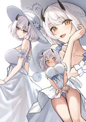 1girl absurdres aoi_riko blue_archive blush braid breasts collarbone commentary demon_horns dress embarrassed grey_hair half_up_braid halo hat highres horns large_breasts looking_at_viewer multiple_views nose_blush official_alternate_costume panties sena_(blue_archive) sena_(casual)_(blue_archive) short_hair simple_background sleeveless sleeveless_dress smile underwear white_background white_dress white_hat white_panties yellow_eyes