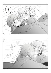... 2girls blush breath closed_eyes commentary cuddling girls_band_cry greyscale highres hina_(girls_band_cry) iseri_nina lwmina70119 lying_on_person monochrome multiple_girls on_bed parted_lips pillow shirt short_twintails sleeping speech_bubble stuffed_animal stuffed_toy thought_bubble twintails under_covers yuri
