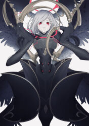 1girl bad_id bad_pixiv_id black_wings blood bloody_tears braid chaos_hecate_(grimms_notes) clenched_teeth colored_skin cowboy_shot grey_hair grimms_notes head_wings iumi_urura long_claws monster_girl multiple_wings red_eyes simple_background solo teeth very_long_claws white_background white_skin wings