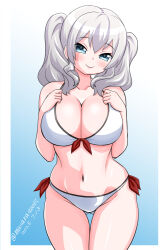 Rule 34 | 1girl, bikini, blue background, blue eyes, breasts, cleavage, front-tie bikini top, front-tie top, gluteal fold, gradient background, grey hair, hands on own chest, kantai collection, kashima (kancolle), large breasts, long hair, masara (chuujou), one-hour drawing challenge, side-tie bikini bottom, solo, swimsuit, thigh gap, twintails, wavy hair, white bikini