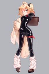 1girl absurdres ahoge bag black_ribbon bodysuit breasts collar covered_navel gluteal_fold green_eyes grey_background highres impossible_bodysuit impossible_clothes jacket latex latex_bodysuit leg_warmers loafers long_hair looking_at_viewer maguro27 original ribbon shoes skin_tight skindentation small_breasts thigh_strap twintails