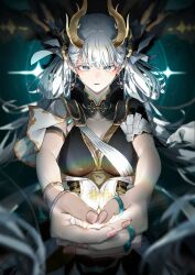 Rule 34 | 1girl, absurdres, black collar, black dress, bow, breasts, bright pupils, cleavage, coat, collar, colored eyelashes, commentary, cowboy shot, dress, earrings, eastern dragon horns, hair bow, highres, horns, jelmul, jewelry, jinhsi (wuthering waves), large breasts, long hair, looking at viewer, low twintails, multiple hair bows, multiple rings, ring, solo, straight-on, twintails, two side up, very long hair, white bow, white coat, white eyelashes, white eyes, white hair, white pupils, wuthering waves, yellow horns