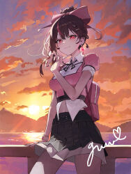 1girl absurdres black_hair bow closed_mouth cloud hair_bow highres looking_at_viewer mac_star multicolored_hair orange_sky original outdoors pink_bow red_eyes signature sky smile streaked_hair sun sunset