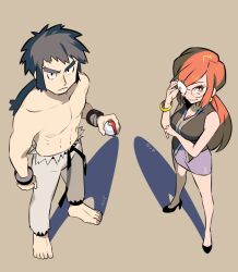Rule 34 | 1boy, 1girl, barefoot, black hair, breasts, brown background, bruno (pokemon), cleavage, full body, glasses, high heels, holding, holding poke ball, looking at viewer, lorelei (pokemon), medium breasts, muscular, muscular male, navel, nintendo, opaque glasses, partially opaque glasses, poke ball, poke ball (basic), pokemon, pokemon frlg, red eyes, red hair, standing, ucchii