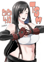 1girl ;) black_hair breasts brown_eyes butcha-u clenched_hand collarbone crop_top dated detached_sleeves earrings final_fantasy final_fantasy_vii final_fantasy_vii_remake fingerless_gloves gloves highres jewelry large_breasts long_hair looking_at_viewer low-tied_long_hair midriff navel one_eye_closed palm-fist_greeting red_gloves revision skirt smile solo studded_gloves suspender_skirt suspenders tank_top tifa_lockhart white_tank_top
