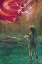 10s 1boy 2011 animal belt blonde_hair boots catfish fish from_behind giant_catfish green_shirt hat highres lightning link male_focus medal medallion melora mountain nintendo oversized_animal pointy_ears red_sky ripples sky solo stalagmite the_legend_of_zelda the_legend_of_zelda:_a_link_to_the_past tunic water watermark web_address