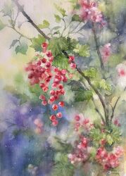 Rule 34 | berry, blurry, blurry background, flower, highres, leaf, no humans, ooy33151086, original, painting (medium), plant, plant focus, purple flower, signature, still life, traditional media, watercolor (medium)