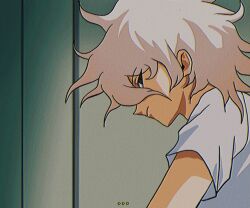 1boy black_eyes blonde_hair danganronpa_(series) danganronpa_2:_goodbye_despair fake_screenshot highres komaeda_nagito looking_at_viewer looking_back male_focus shirt short_hair solo subtitled upper_body uri_ka55