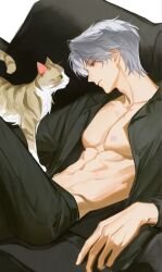1boy 1other adam&#039;s_apple animal_hands black_pants black_shirt cat celestia_016 closed_mouth collarbone highres looking_at_animal love_and_deepspace male_focus navel open_clothes open_shirt pants parted_bangs pectorals red_eyes shirt short_hair sylus_(love_and_deepspace) topless_male white_hair